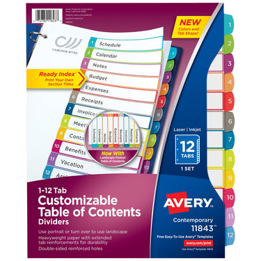 Avery 12 Tab Dividers for 3 Ring Binders, Customizable Table of Contents, Multicolor Tabs, 1 Set (11843) 1 pack